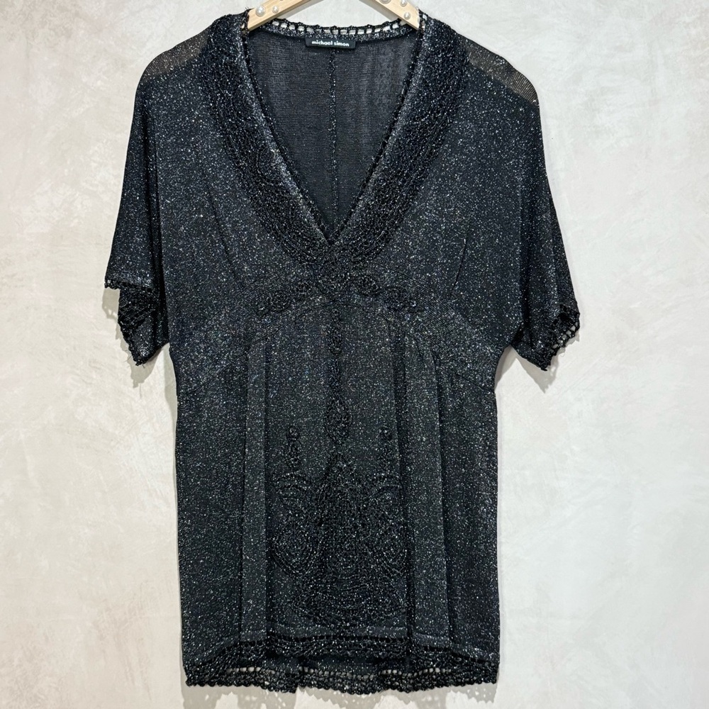 Michael Simon Vintage Black Gold Lurex Blouse, Whimsigoth 90s/Y2K Glam Holiday